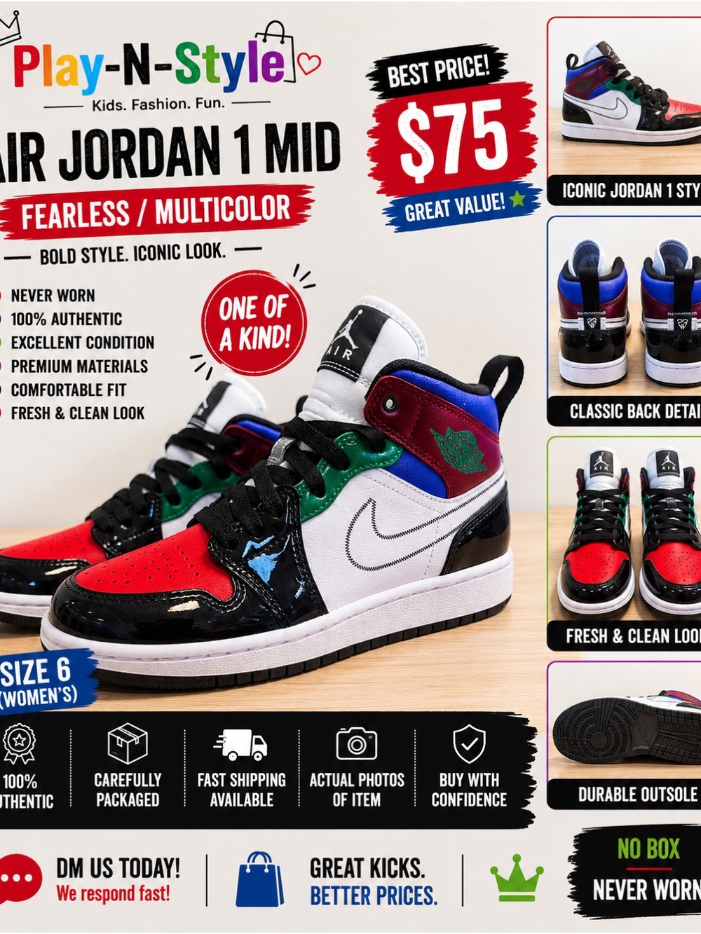 Air Jordan 1 Mid Fearless Multicolor Sneakers - Red/Green/Blue/Black/White